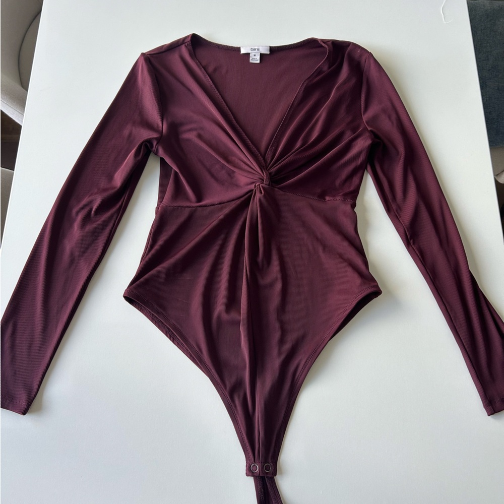 Bar III Deep Burgundy Twist Front Bodysuit